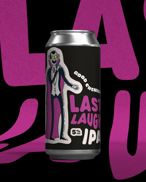 Last Laugh. 5% IPA brewed by Good Chemistry Brewing. The can design is a illustrated character resembling a vampire doing stand-up comedy.