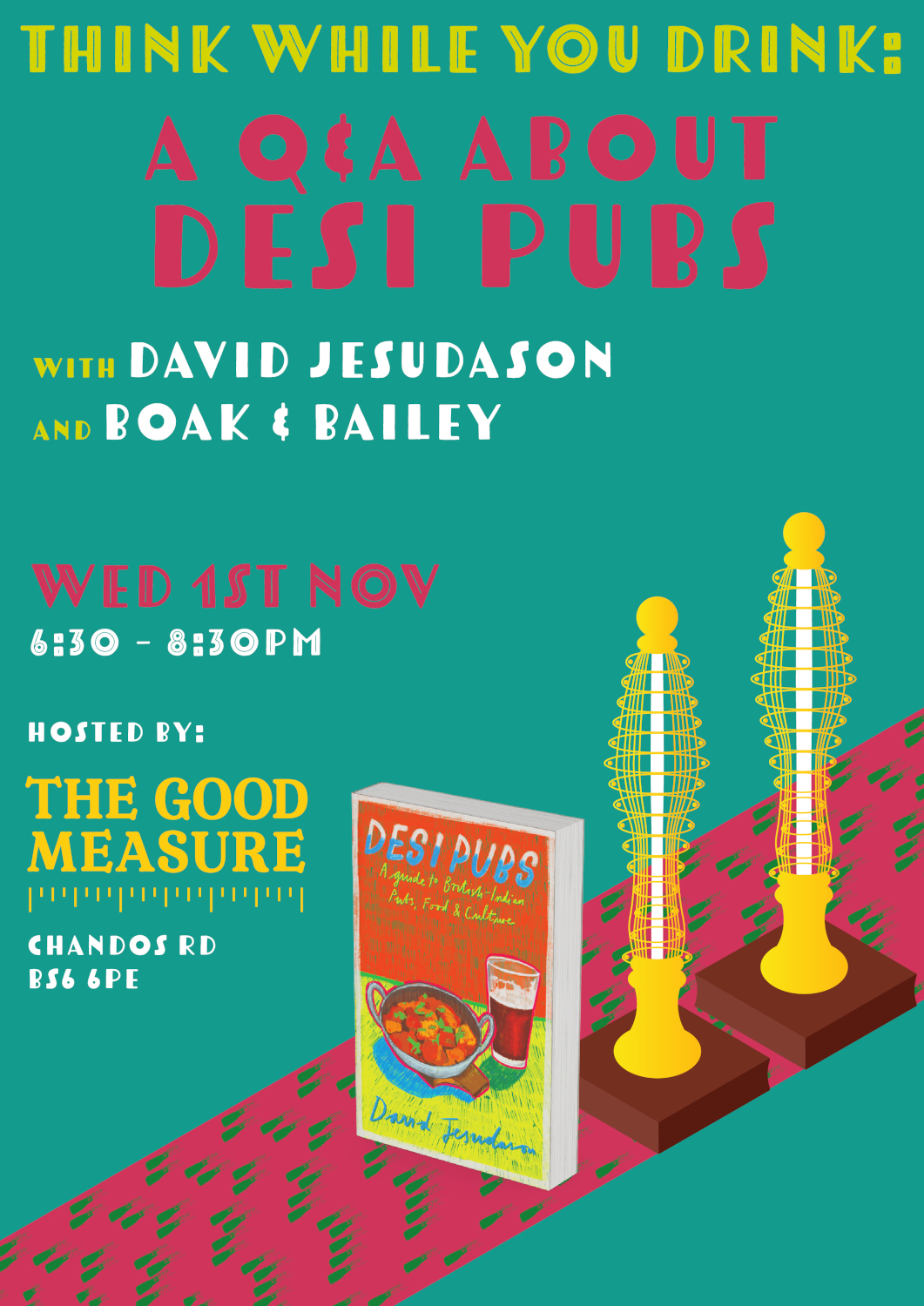 Poster showing the details of the Desi Pubs event at The Good Measure